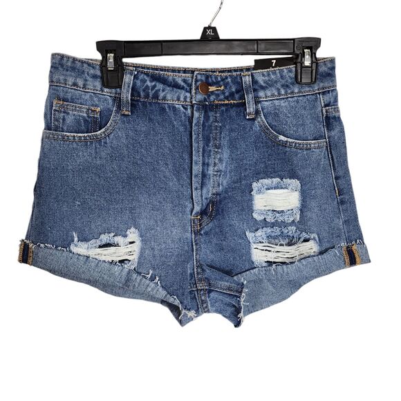 Fashion Nova Womens Denim Shorts Size 7 Blue High Rise Button Fly Distressed Rip - Picture 1 of 11